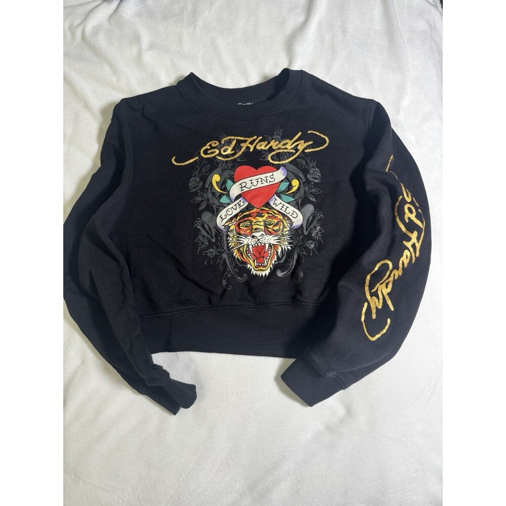 Ed Hardy Women Size Medium Black Pullover Crewneck Tiger Graphic Sweatshirt Crop